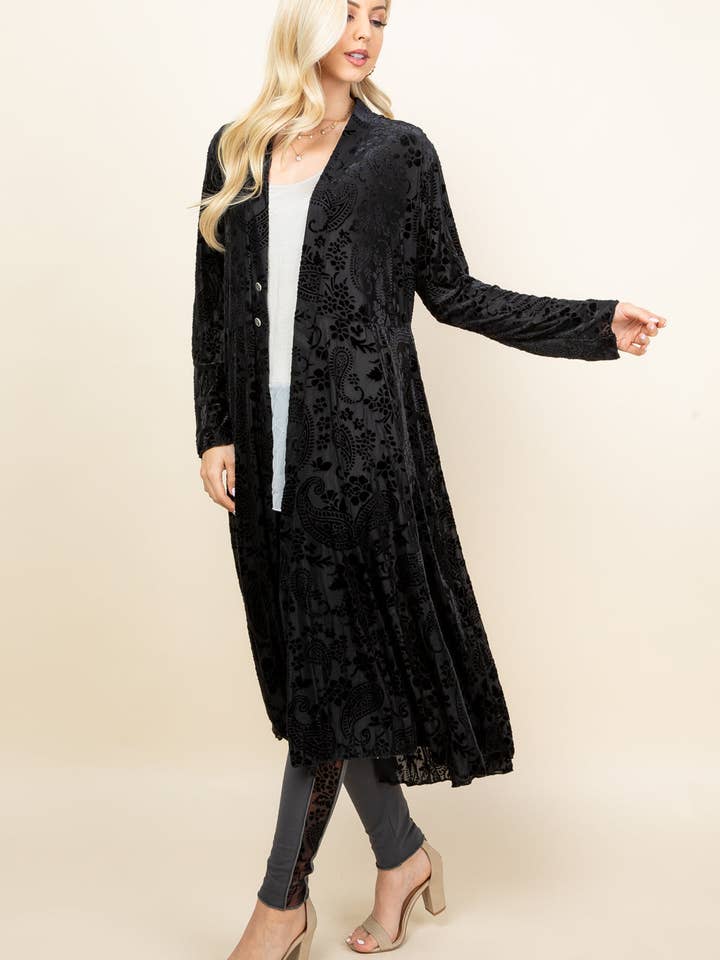 Long Velvet Paisley Jacket – Flowy Boho Duster | Made in USA for wholesale by Kooniez