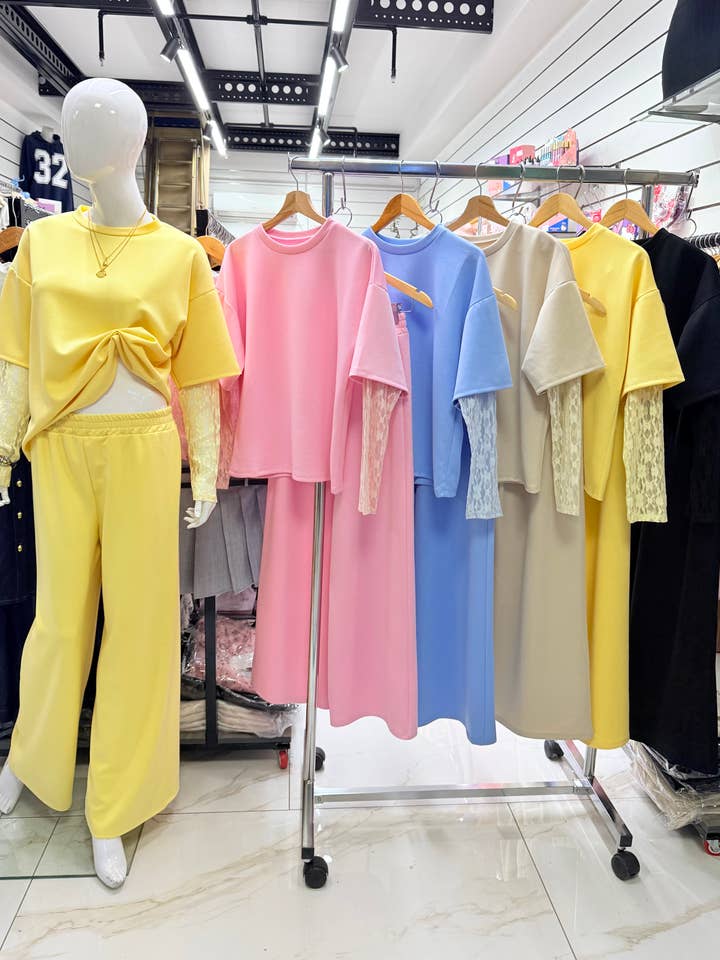 Short sleeve maxi sweatshirt patched with lace set for wholesale by Chilli Girl Collection