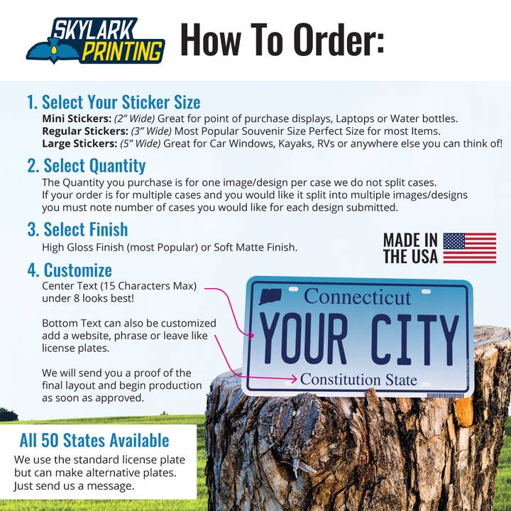 Skylark Printing - Wholesale Sticker - Connecticut Plate Souvenir Sticker with Your City, Text