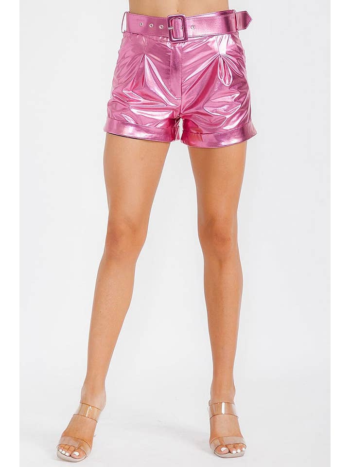 ROUSSEAU - Wholesale Shorts - Women's - BUTTON CLOSURE BELTED FRONT POCKETS METALLIC SHORT8