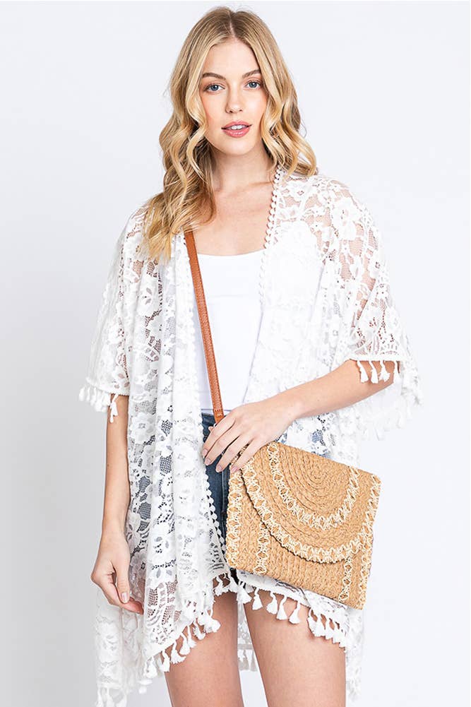 Hana - Vente Pochette – femme - Sac à bandoulière Stitch Detail Straw Clutch2