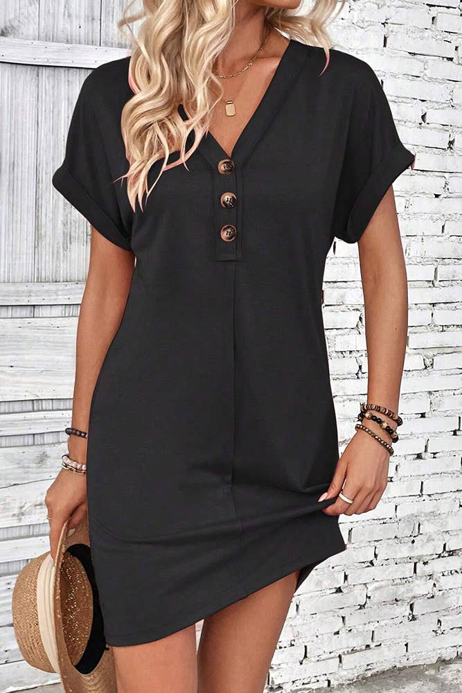 UNISHE - Wholesale Dress – Women's - Plain V Neck Buttoned Exposed Seam T-Shirt Dress AXR0956