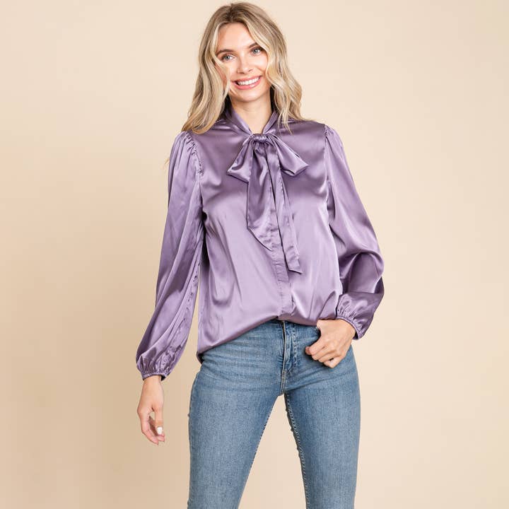 ROLYPOLY - Wholesale Button Down Shirt - Women's - Tie Neck Long Sleeve Satin Blouse Shirts