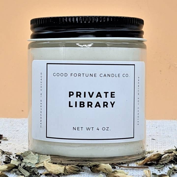 Private Library | Premium Soy Wax Scented Candle | Leather Books Bookstore Wood Candle | Handmade in Chicago | 16oz 8oz 4oz for wholesale by Good Fortune Candle Company