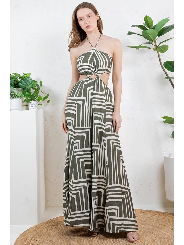 Miss Avenue - Wholesale Jumpsuit - Dames - DM4099 GEDRUKTE HALTERNEK MET OPEN RUG UITGESNEDEN JUMPSUIT
