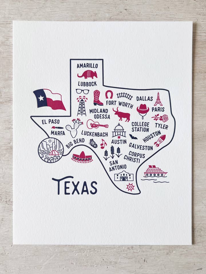 Deep in the Press of Texas – Letterpress Map Art Print 8x10 for wholesale by Spicewood & Rose Press