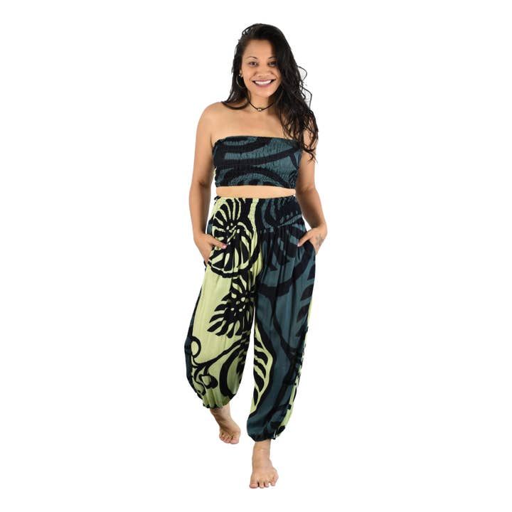 Pant Set Black Gray Monstera with Bandeau and Scrunchie OS for wholesale by Island Style Clothing Co by Akamai Distribution Ltd