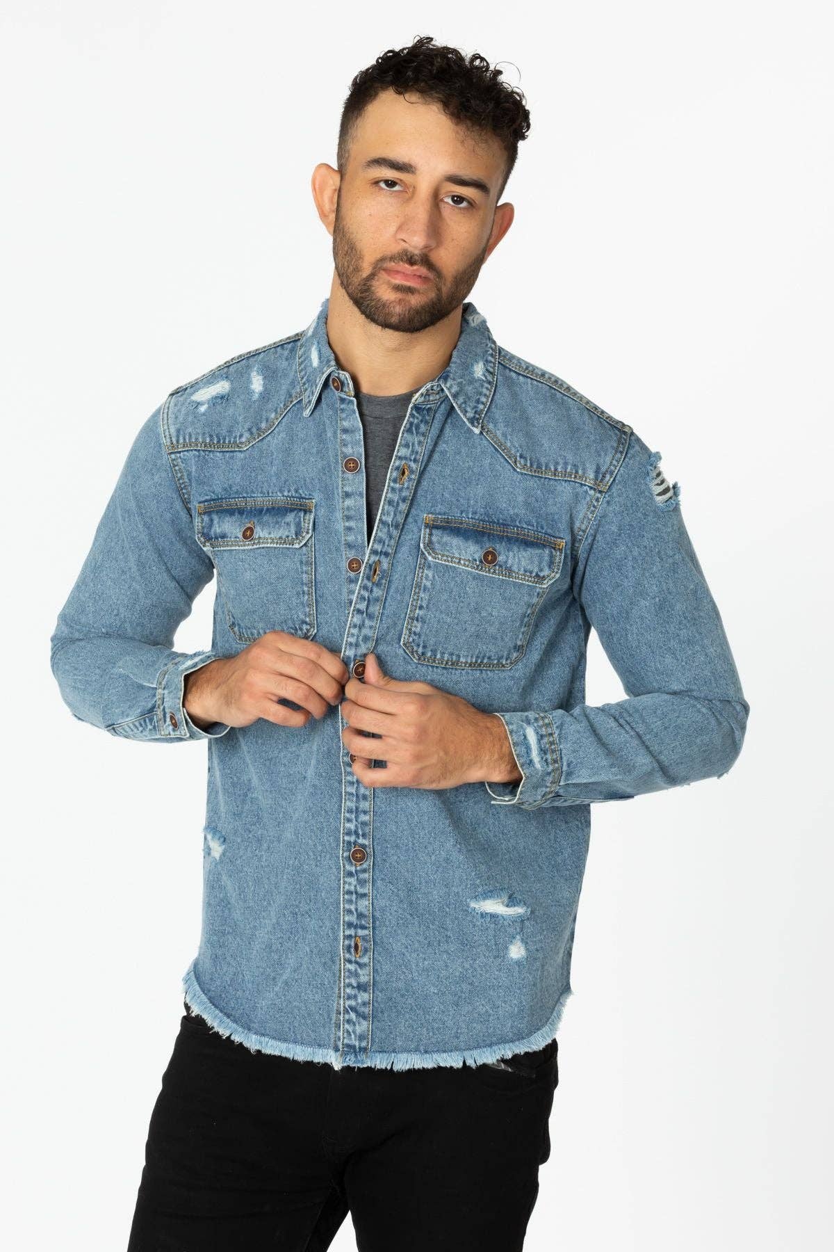 LIGHT WASHED Men's Denim Shirt with Distressed for wholesale on Faire