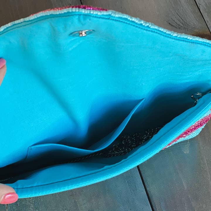 OBX Prep - Wholesale Clutch Bag - Women's - Flamingo Turquoise Seed Beaded Clutch Bag Handmade