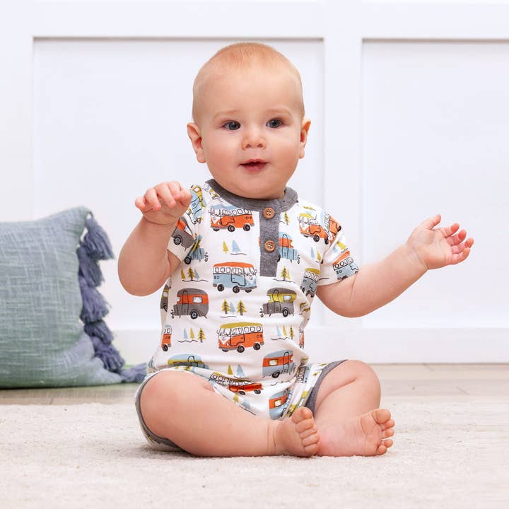 Tesa Babe - Wholesale Jumpsuit - Baby - Happy Camper Short Bamboo Romper