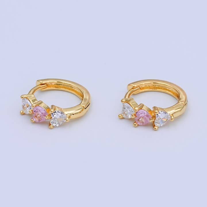 24K Gold Filled 11.5mm Clear Pink CZ Heart Cartilage Huggie Earrings | T294 for wholesale by Aim Eternal