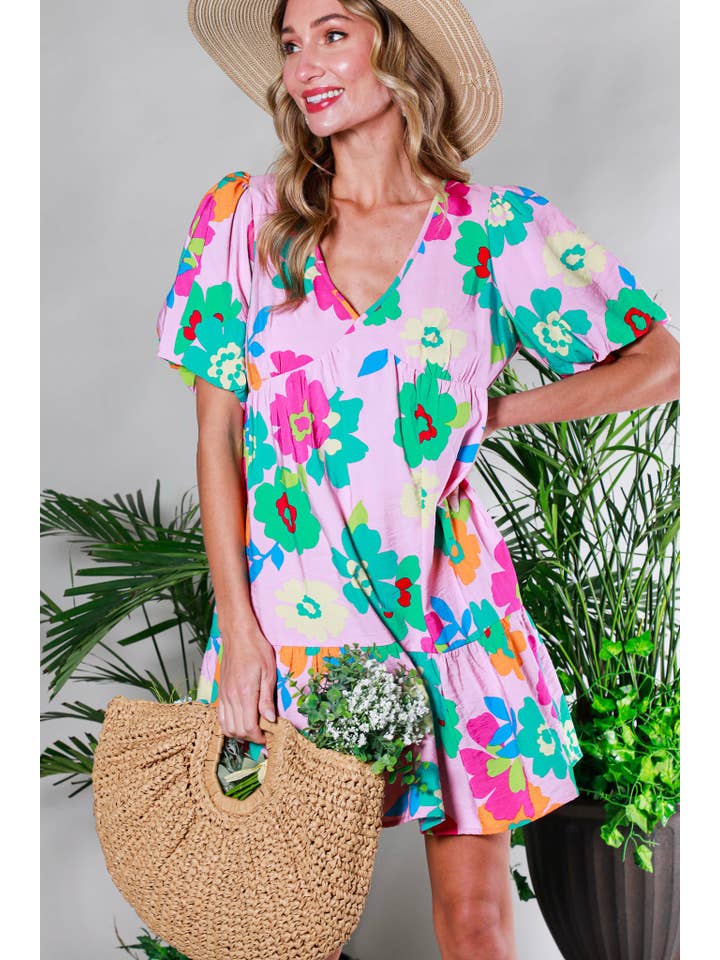 Vine & Love - Wholesale Dress - Women's - V-Neck Short Bubble Sleeve Floral Printed Mini Dress VD81819