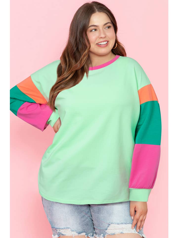 66DISCO - Wholesale T-Shirt - Women's - Color Block Round Neck Long Sleeve T Shirt (S-2XL)