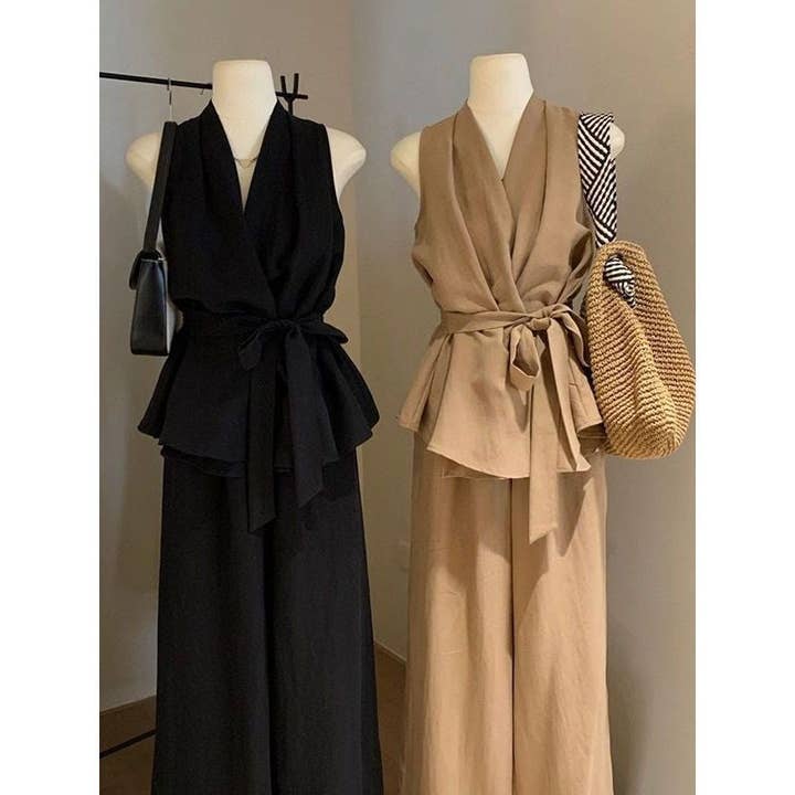 UZ Wholesale Store - Wholesale Top & pants set (NOT Loungewear) – Women's - V-Neck Sleeveless Tie-Waist Crop Top Wide Leg Pants Set2