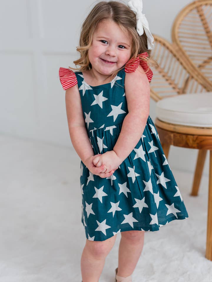 Yo Baby - Wholesale Dress - Kids - Navy Star Print Sleeve Ruffled Gathered Dress : Infant : Baby : Toddler : Tween : Kids