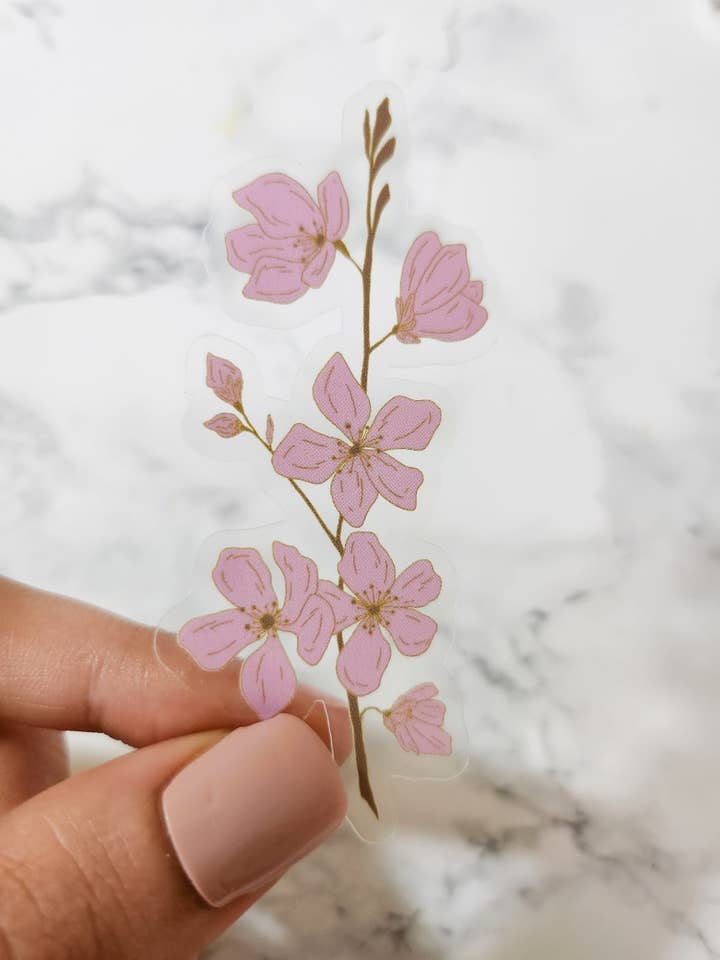 Autocollant Cherry Blossom, transparent, 3 x 1,5 pouces pour la vente par The Gold Ink Press