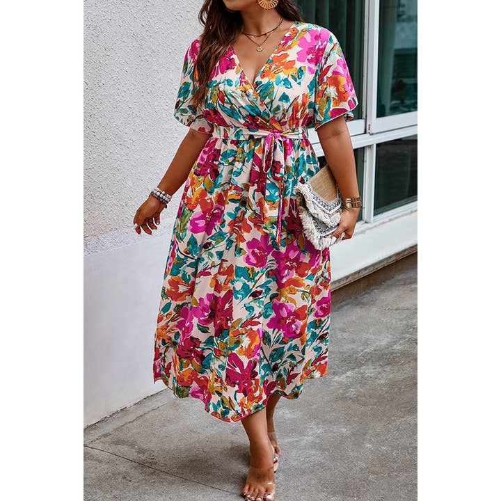 MULTI Plus Size Floral Print Cross Belt Fit Dress for wholesale on Faire