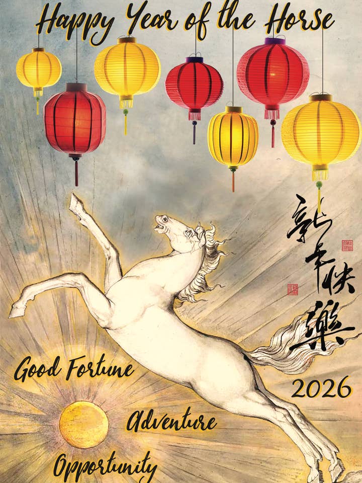 Happy Year of the Fire Horse—2026 Lunar New Year Card for wholesale by Ivory Tower Studios