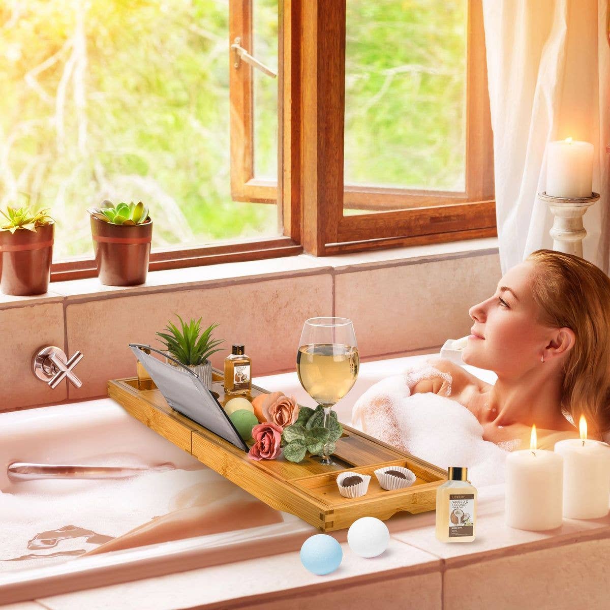 Lovery - Wholesale Bath & Body Set - Bamboo Bathtub Caddy Gift Set - Expandable Tray + Bath Bombs8
