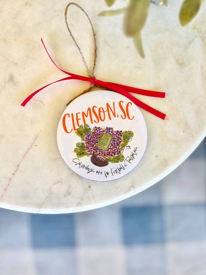 Clemson, SC Christmas College Town Ornament for wholesale by Happy By Rachel, LLC