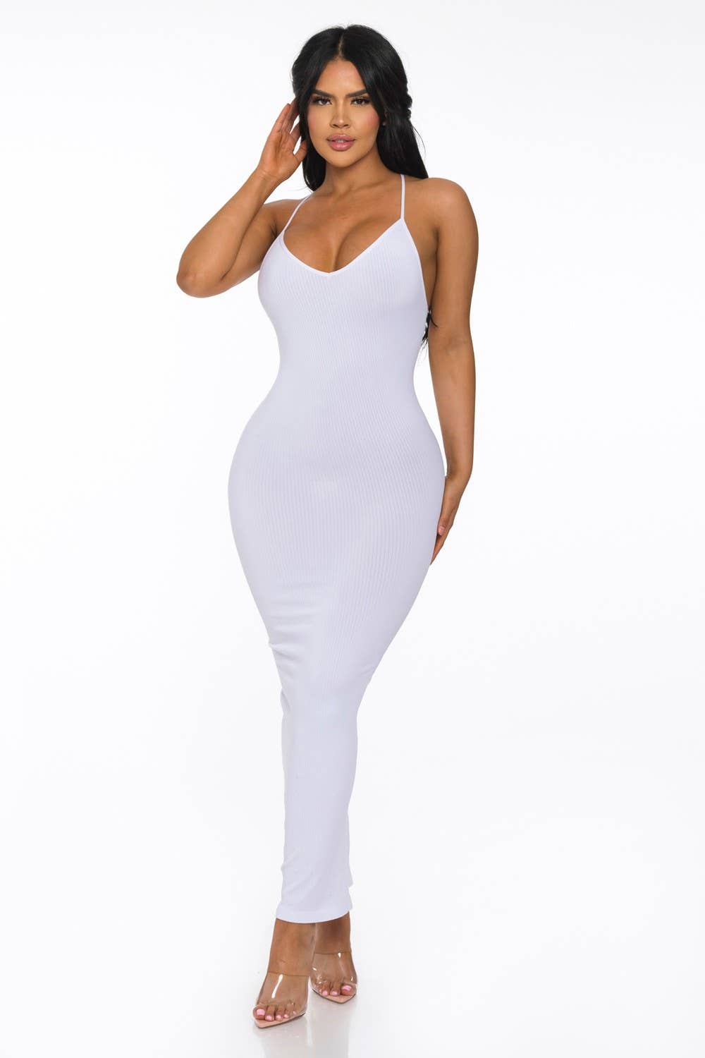 Lime All the Time – Großhandel Kleid – Damen – Bodycon-Maxikleid mit gerippten Spaghettiträgern2