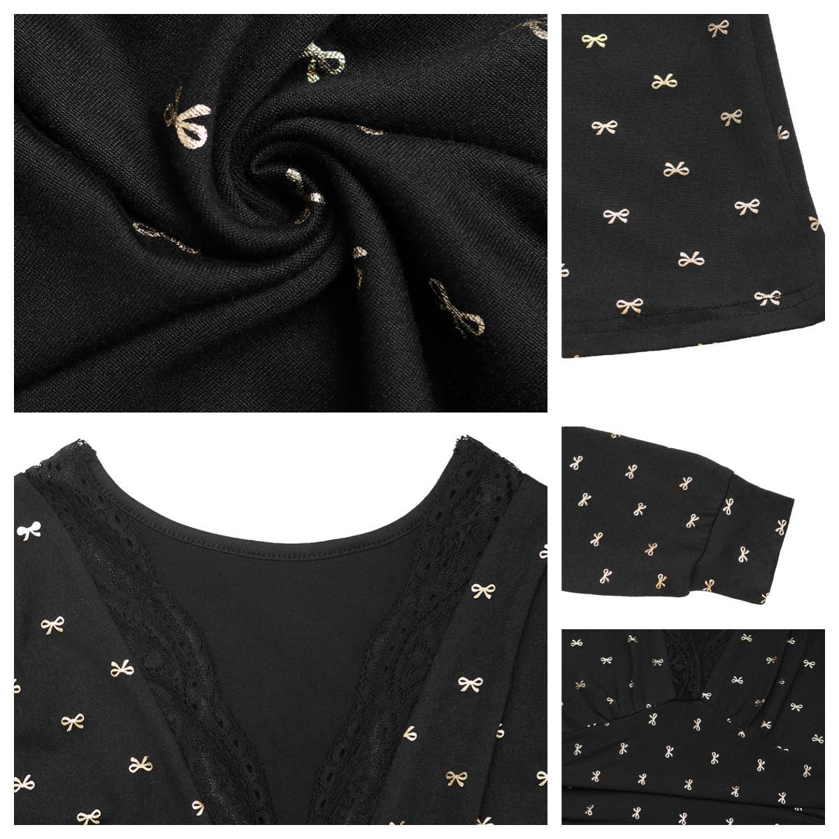 Black Autumn elegant  style lace bow printed long-sleeved dress for wholesale on Faire6