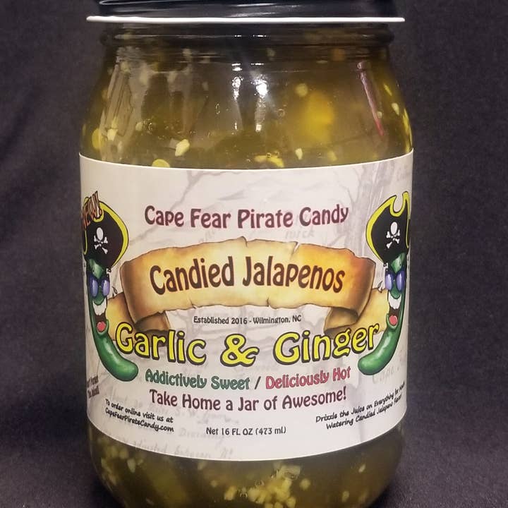 Garlic & Ginger Candied Jalapenos for wholesale by Cape Fear Pirate Candy, LLC