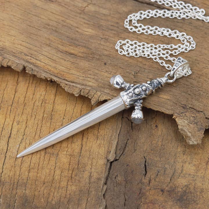 Jay Jools - Wholesale Pendant/charm necklace - Rainbow Moonstone Sword Pendant 925 Solid Silver with Chain9