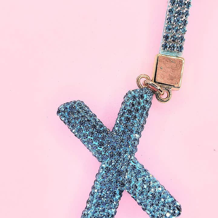 Silver Initial Letter Blue Crystal Key Ring & Bag Charm for wholesale on Faire22