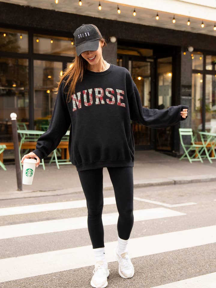 Vintage Plaid Nurse Xmas Oversized Sweatshirt with Print for wholesale by Monday Muse