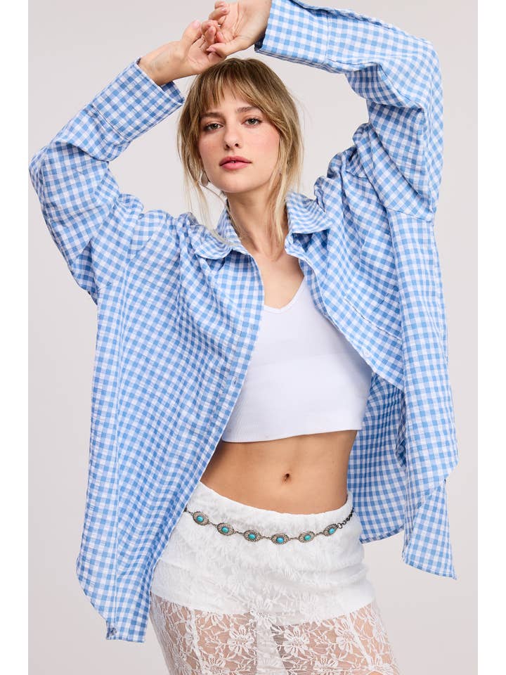 Mimosa - Wholesale Button Down Shirt - Women's - Oversized Gingham Button Down Shirt25