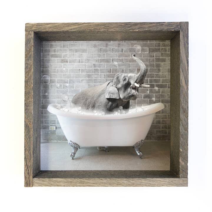 Elephant Bubble Bath Funny Bathroom with Greywash Frame for wholesale by Hangout Home