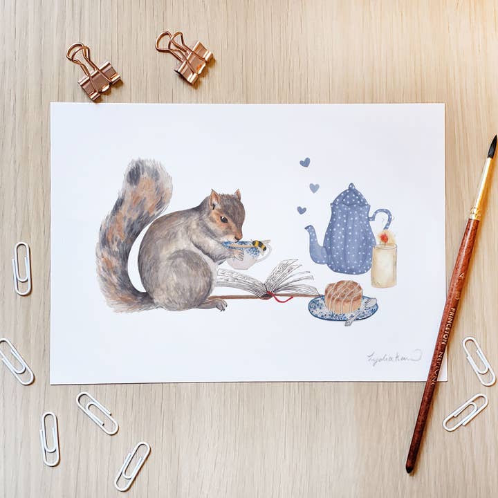 Impression artistique sur le thé aux écureuils pour la vente par The Curious Cactus