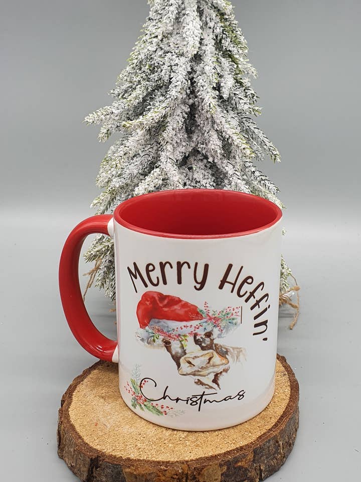 Merry Heffin' Christmas, Cow printed mugs for wholesale by Gift and Stitch