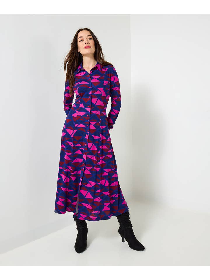 Purple Estelle Geo Print Jersey Shirt Dress for wholesale on Faire