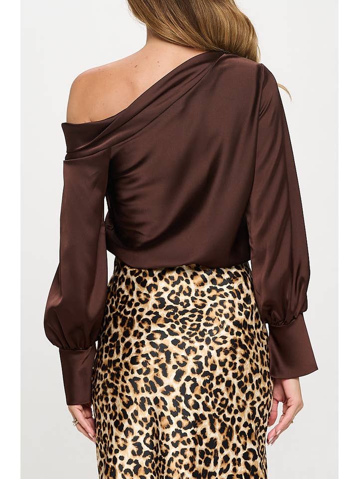 Brown Made in USA Dropped Shoulder Long Sleeve Satin Top for wholesale on Faire