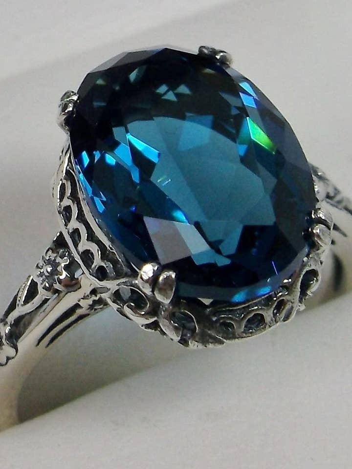 Londonblå topasring, edvardiansk antik reproduktionssmycke #D70 för wholesale av Silver Embrace Jewelry