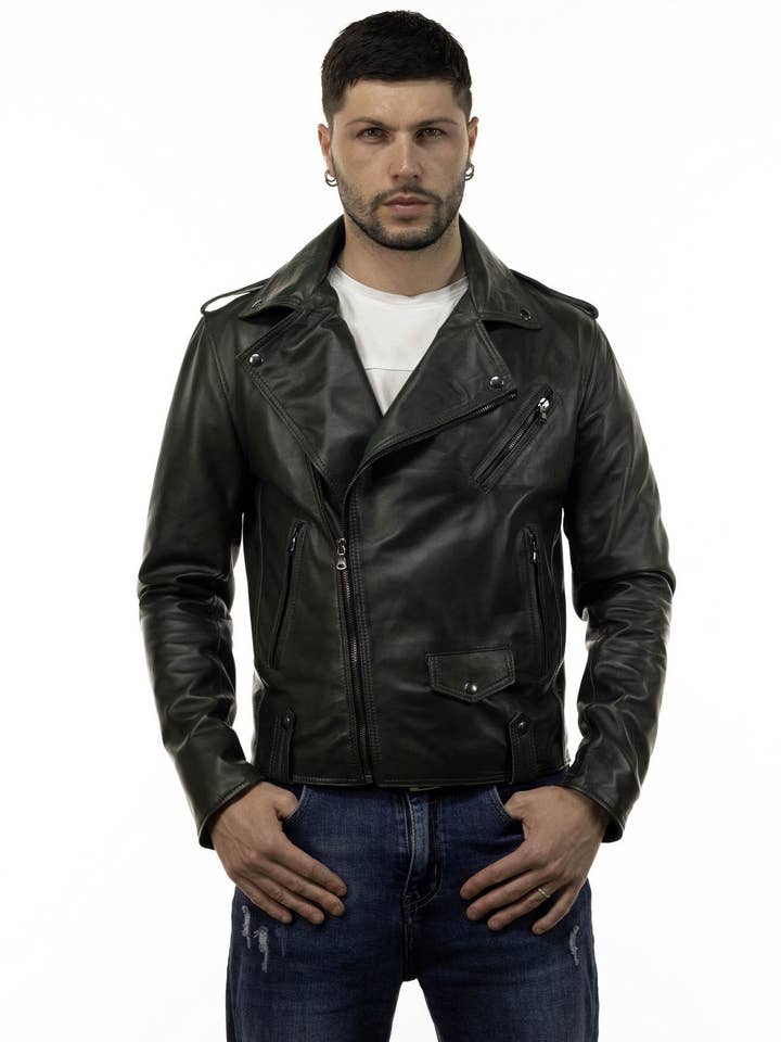 Chiodo Tre Tasche - Chiodo de hombre verde en piel auténtica para venta al por mayor de Michelangelo srls