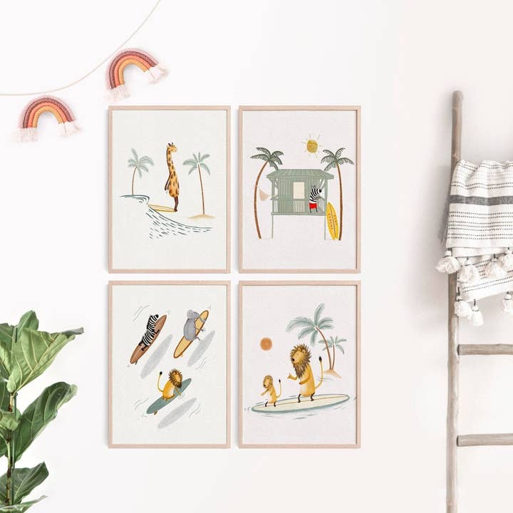Surfing Art Prints Set for Kids - Beach Nursery Room Decor for wholesale by Urchin Bay