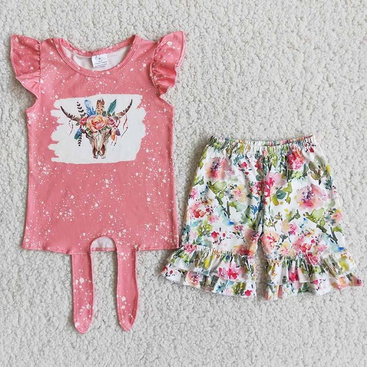 Aier Wholesale - Wholesale Top & Short Set - Kids - Pink flower Heifer exquisite ruffles Shorts sets