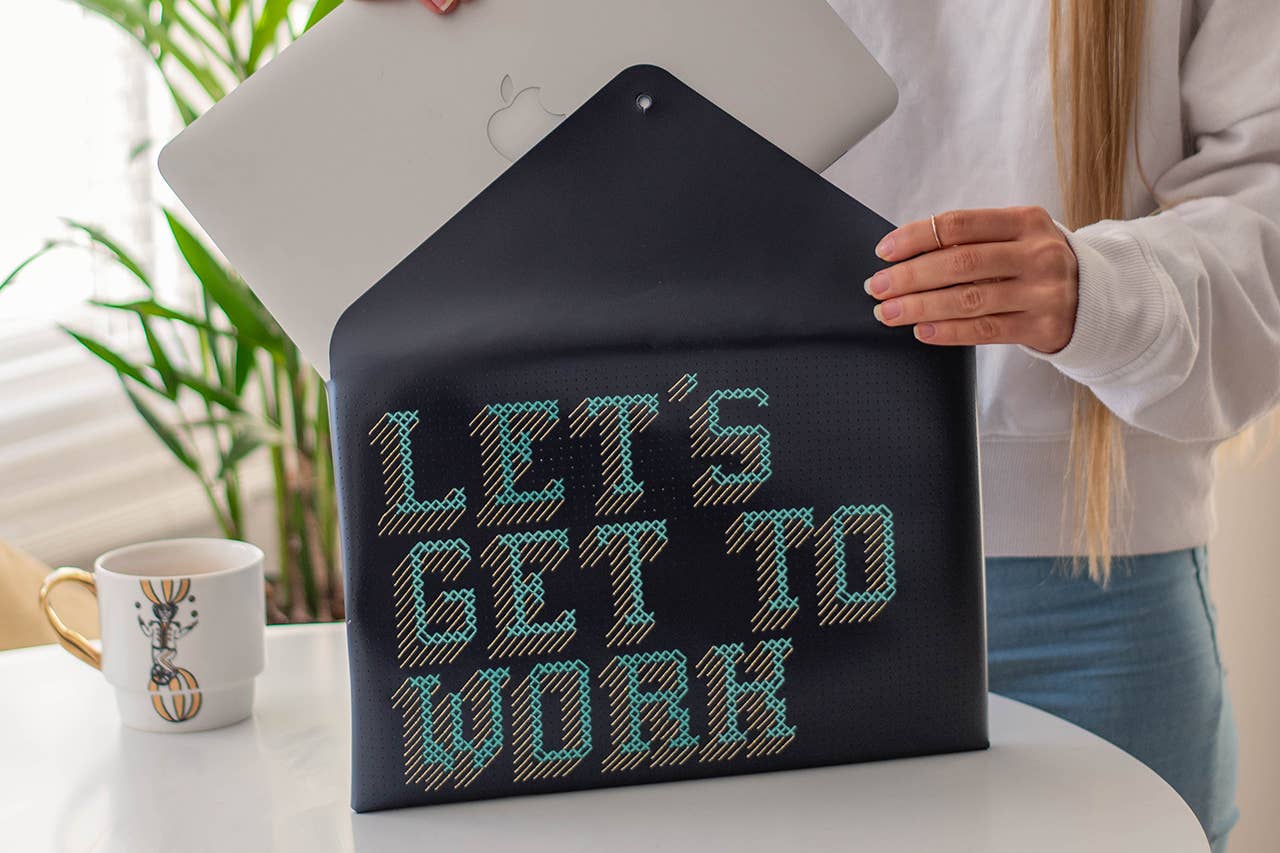 Chasing Threads - Wholesale DIY Craft Kit - DIY Cross Stitch Laptop Sleeve Kit - Navy with teal thread0