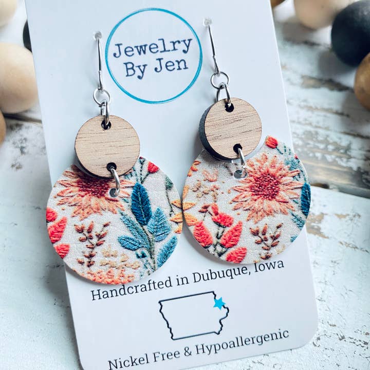 Jewelry By Jen - Wholesale Dangle Earrings - Luna Earrings (Medium Size): Embroidered Floral Mix