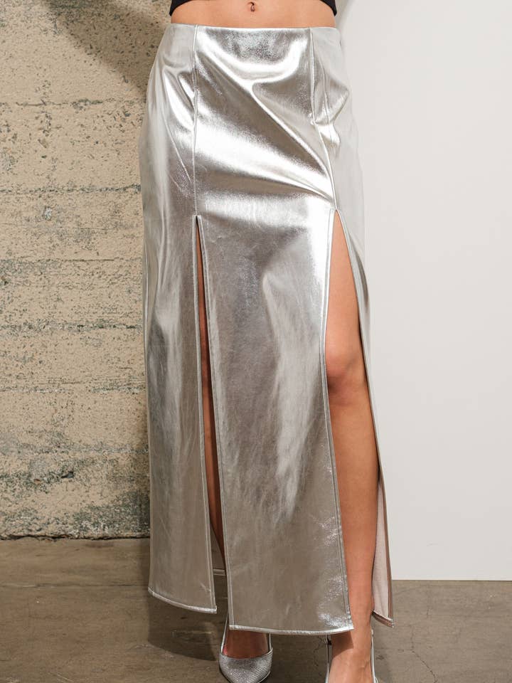 34989S - Vinyl Double Split Midi Skirt for wholesale by Blue B