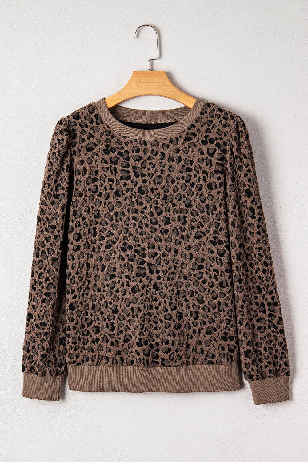 Lovesoft – Blusa - Mulher por atacado – Top de Manga Comprida com Estampa de Leopardo e Acabamento Canelado Castanho1