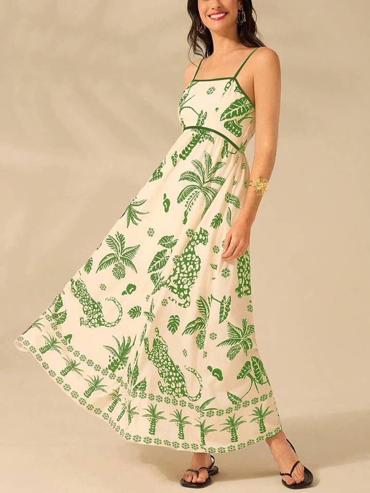 GREEN Tropical Print Maxi Dress with Spaghetti Straps for wholesale on Faire2