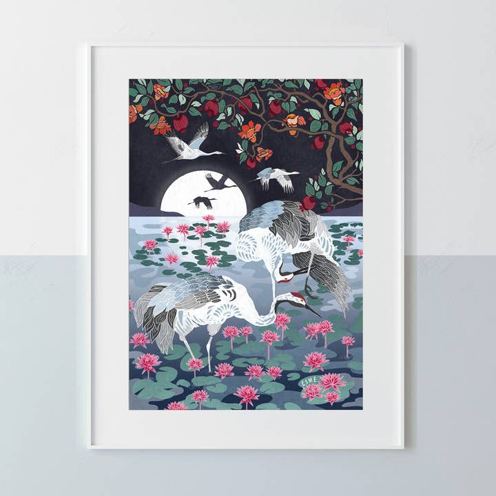 Oriental Cranes Botanical Print Illustration Night for wholesale by Esme L Designs