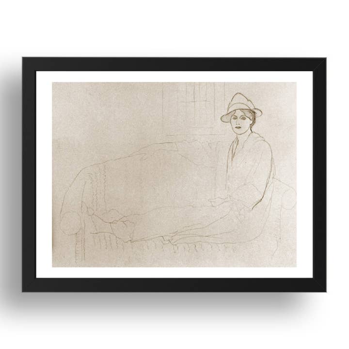 1918 Olga Picasso allongee sur un sofa (1918 Olga Picasso lying on a sofa), vintage artwork by Pablo Picasso, A3 Size Reproduction Poster Print in 17x13" Black Frame for wholesale by PERIOD PRINTS