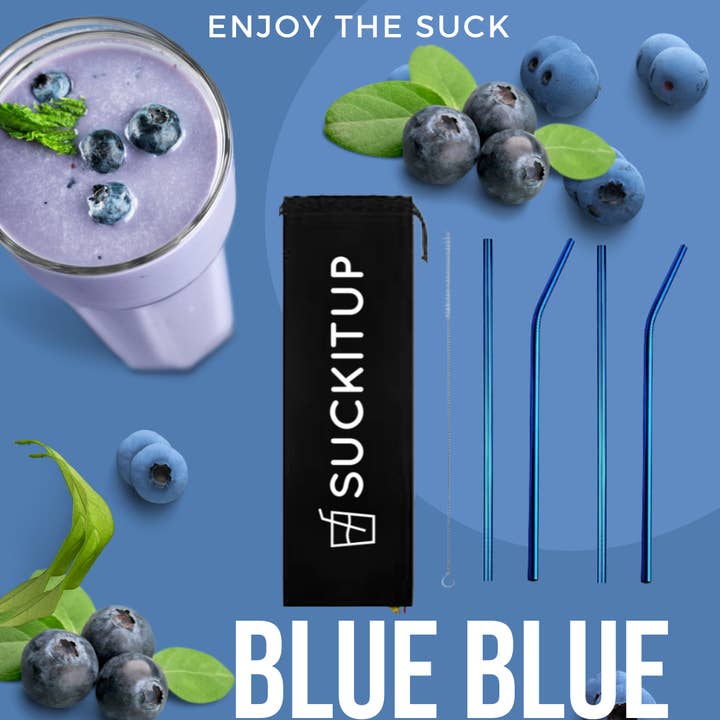 50 Pk Quattro Set (4 Straws, Brush & Bag) 2 Colours Blue, Green, Purple, Black, Gold, Silver, Rainbow, Dark Rose Gold Metal Straws for wholesale by Suck It Up Straws