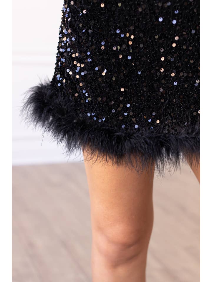 Feathered Opulence Sequin Dress in Black for wholesale on Faire