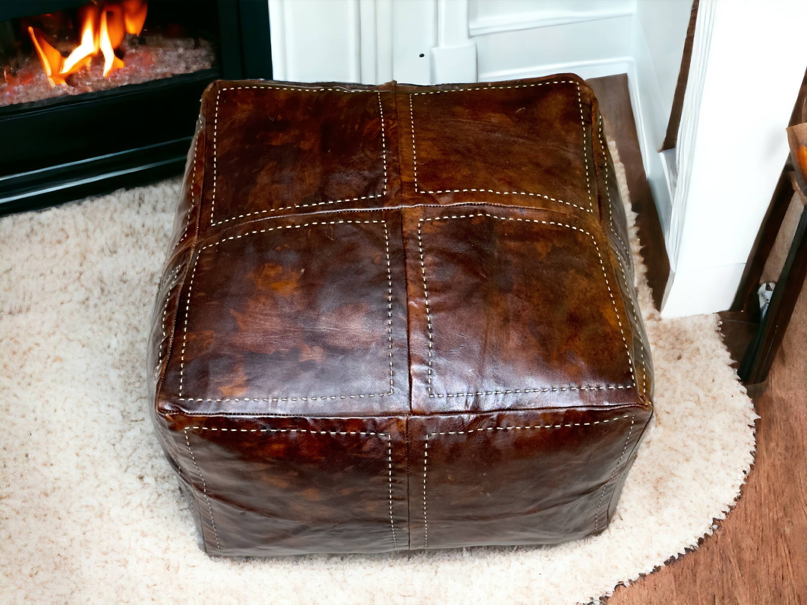 Moroccantastics - Wholesale Pouf - Enrich Your Living Space with Our Sumptuous  Brown Square Leather Pouf:  A Touch of Moroccan Elegance1